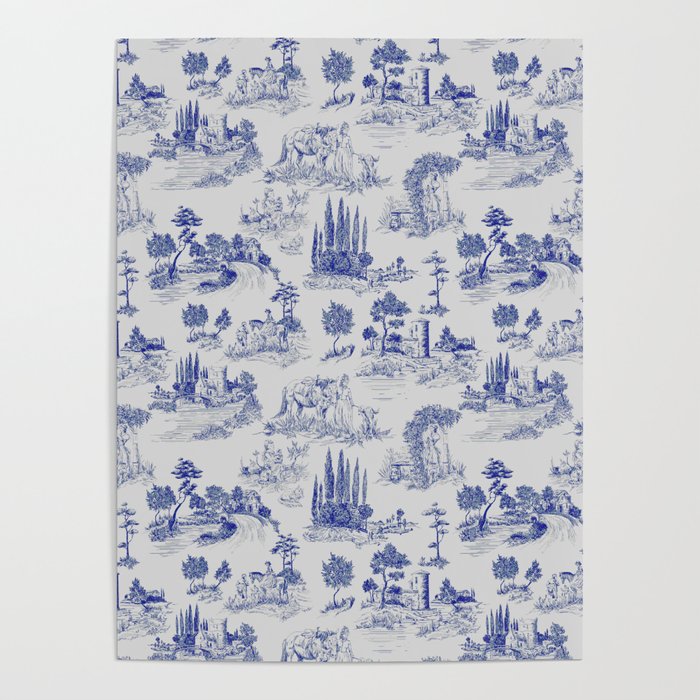 Toile de Jouy Vintage French Romantic Pastoral Navy Blue Poster Gallery Image 4