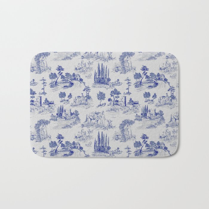 Toile de Jouy Vintage French Romantic Pastoral Navy Blue Bath Mat Gallery Image 1
