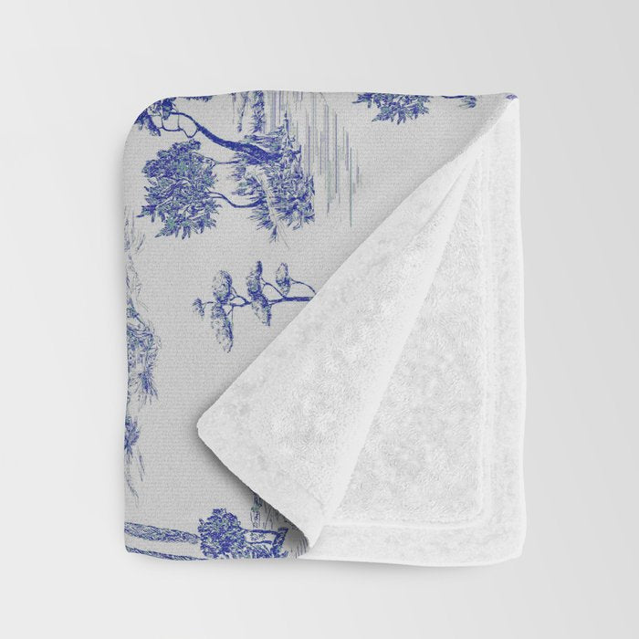 Toile de Jouy Vintage French Romantic Pastoral Navy Blue Throw Blanket Gallery Image 3