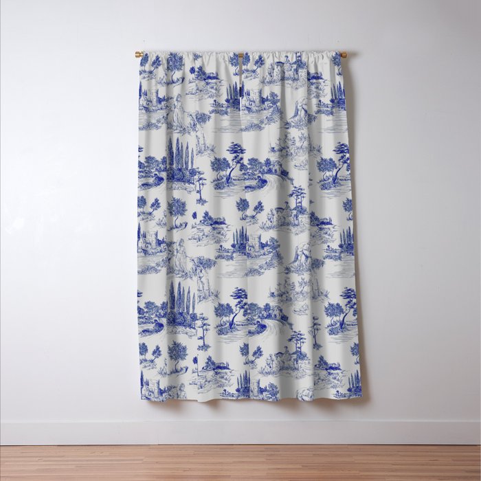 Toile de Jouy Vintage French Romantic Pastoral Navy Blue Window Curtain Gallery Image 3