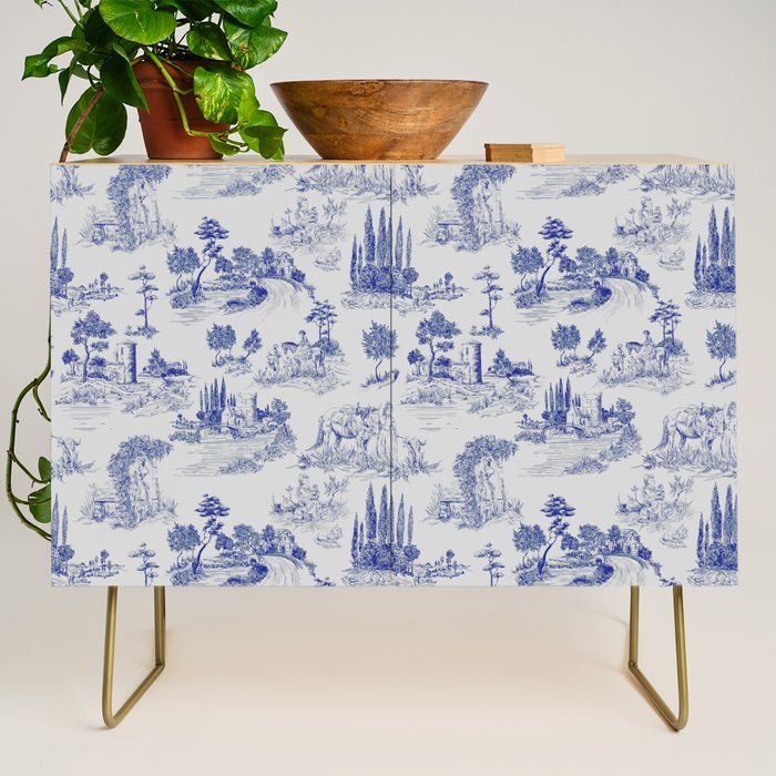 Toile de Jouy Vintage French Romantic Pastoral Navy Blue Credenza Gallery Image 1
