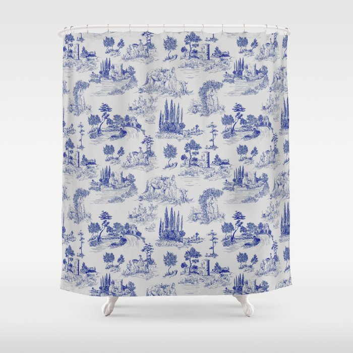 Toile de Jouy Vintage French Romantic Pastoral Navy Blue Shower Curtain Gallery Image 1