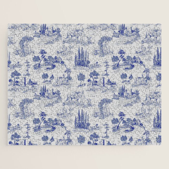 Toile de Jouy Vintage French Romantic Pastoral Navy Blue Jigsaw Puzzle Gallery Image 1