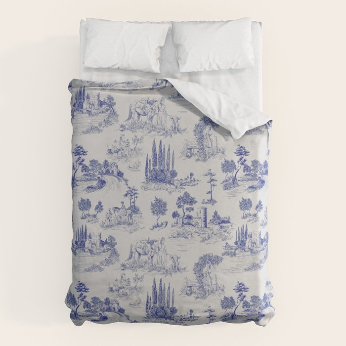 Toile de Jouy Vintage French Romantic Pastoral Navy Blue Duvet Cover Gallery Image 1