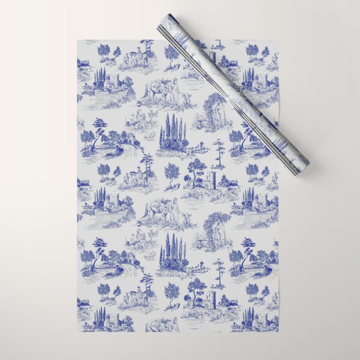 Toile de Jouy Vintage French Romantic Pastoral Navy Blue Wrapping Paper Gallery Image 1