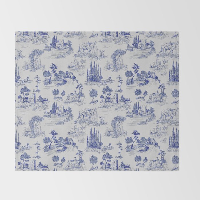 Toile de Jouy Vintage French Romantic Pastoral Navy Blue Throw Blanket Gallery Image 2