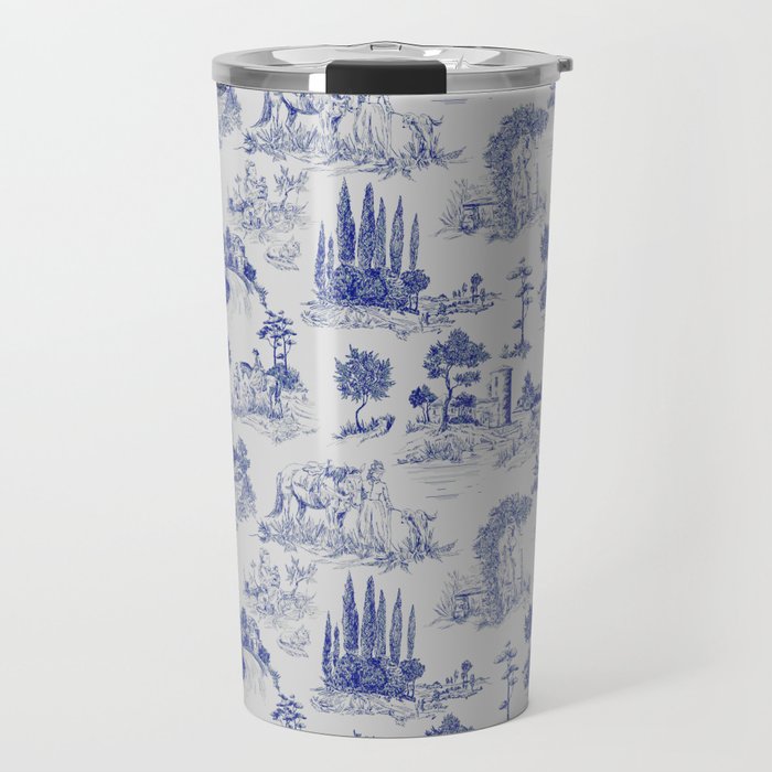 Toile de Jouy Vintage French Romantic Pastoral Navy Blue Travel Mug Gallery Image 1