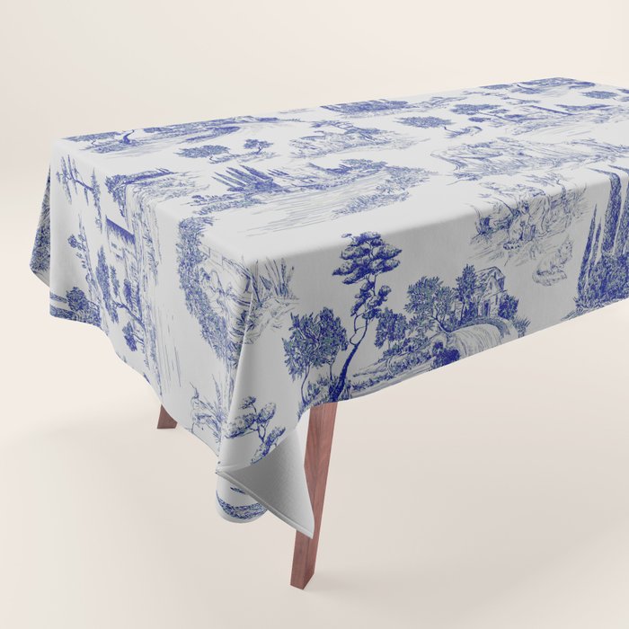 Toile de Jouy Vintage French Romantic Pastoral Navy Blue Tablecloth Gallery Image 1