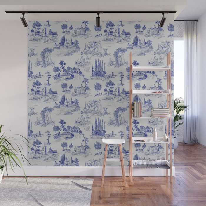 Toile de Jouy Vintage French Romantic Pastoral Navy Blue Wall Mural Gallery Image 1