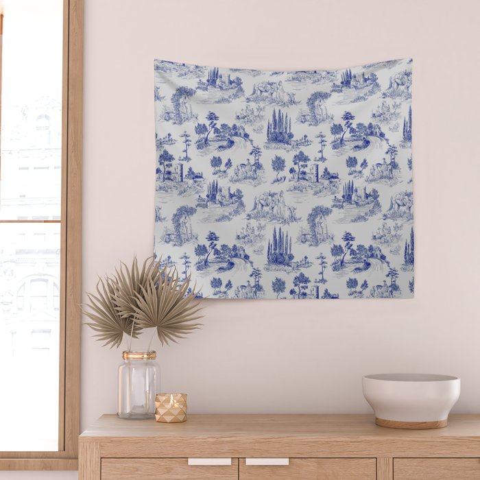 Toile de Jouy Vintage French Romantic Pastoral Navy Blue Wall Tapestry Gallery Image 2