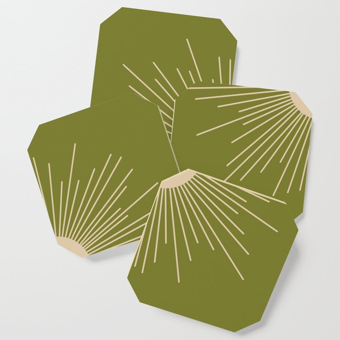 Mid-Century Modern Sunburst - Minimalist Sun in Mid Mod Beige and Olive Green Coaster Gallery Image 1
