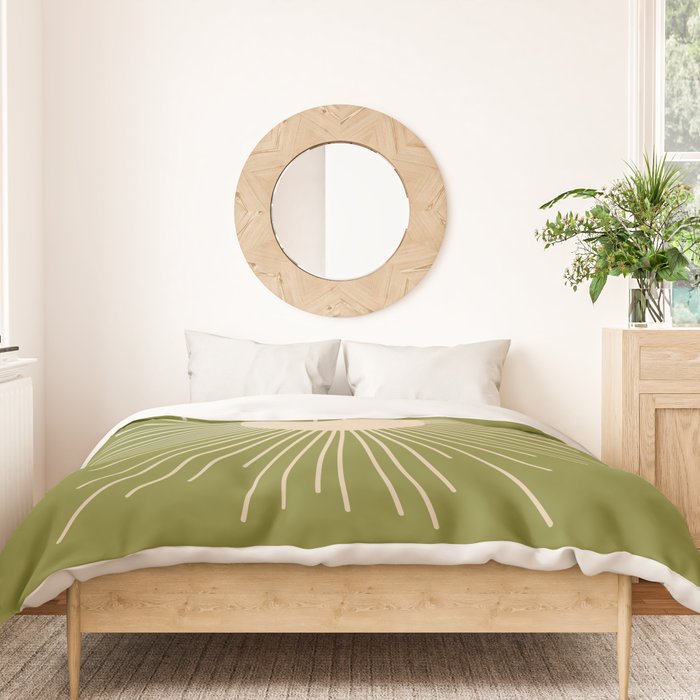 Mid-Century Modern Sunburst - Minimalist Sun in Mid Mod Beige and Olive Green Duvet Cover Gallery Image 3