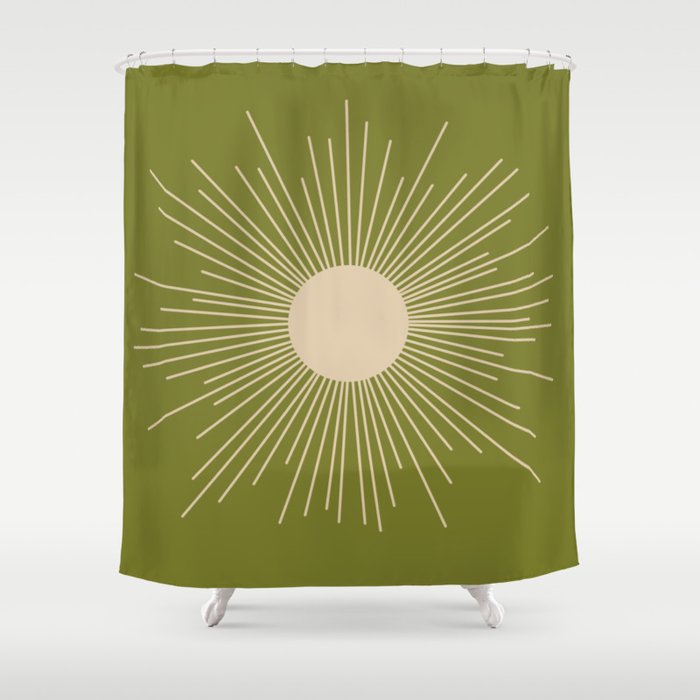 Mid-Century Modern Sunburst - Minimalist Sun in Mid Mod Beige and Olive Green Shower Curtain Gallery Image 1