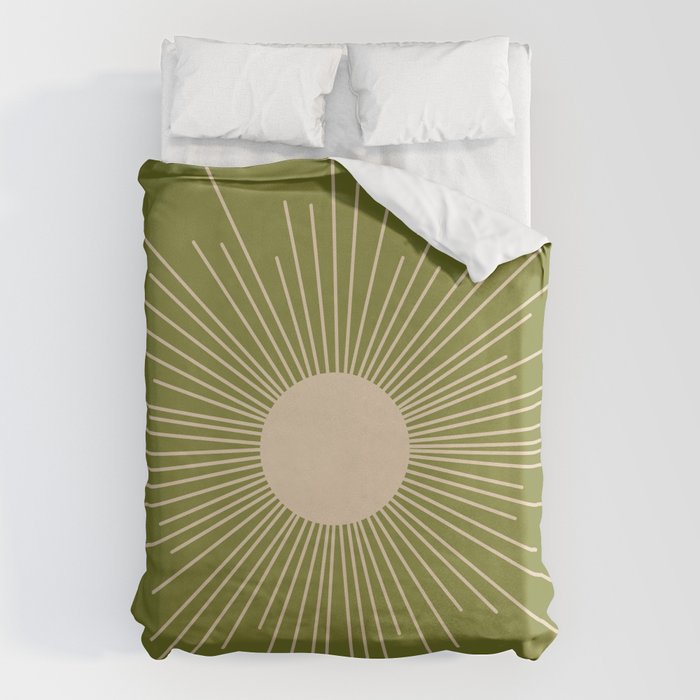 Mid-Century Modern Sunburst - Minimalist Sun in Mid Mod Beige and Olive Green Duvet Cover Gallery Image 1