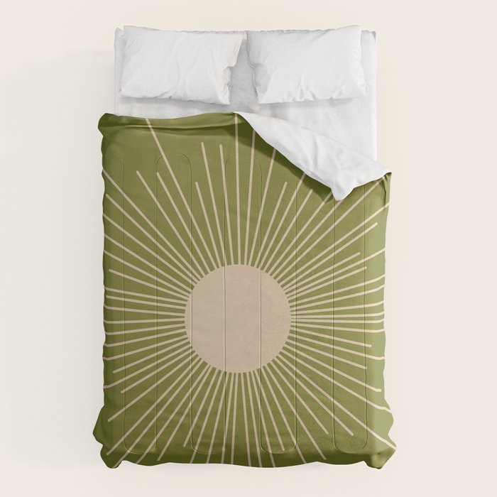 Mid-Century Modern Sunburst - Minimalist Sun in Mid Mod Beige and Olive Green Comforter Gallery Image 1