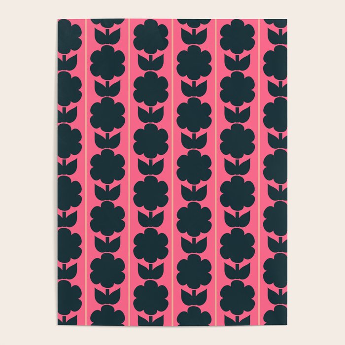Eclectic Floral Jonnty Flowers and Stripes Pattern in Rich Pink and Dark Blue Poster Gallery Image 4
