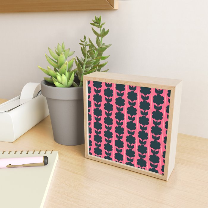 Eclectic Floral Jonnty Flowers and Stripes Pattern in Rich Pink and Dark Blue Mini Art Print Gallery Image 2