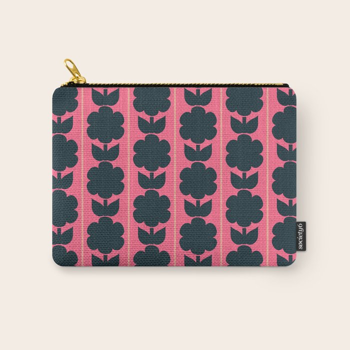 Eclectic Floral Jonnty Flowers and Stripes Pattern in Rich Pink and Dark Blue Carry All Pouch Gallery Image 1