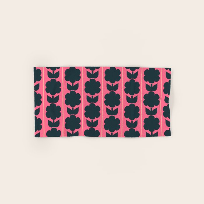Eclectic Floral Jonnty Flowers and Stripes Pattern in Rich Pink and Dark Blue Bath Towel Gallery Image 1