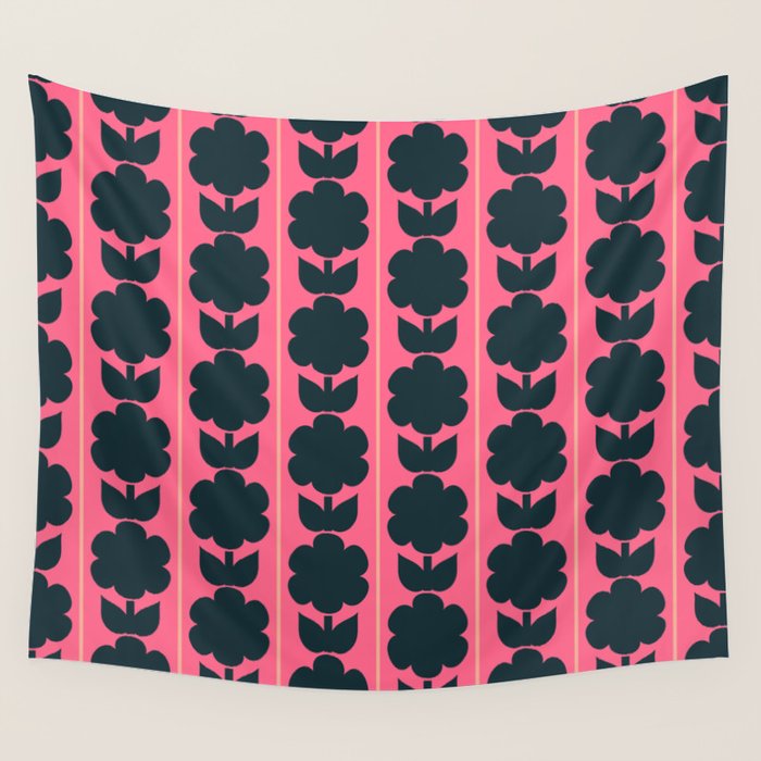 Eclectic Floral Jonnty Flowers and Stripes Pattern in Rich Pink and Dark Blue Wall Tapestry Gallery Image 4