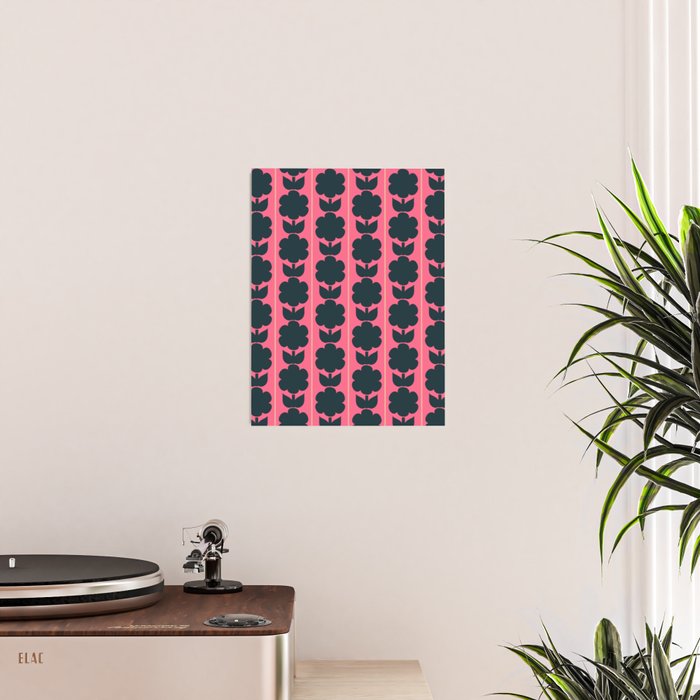 Eclectic Floral Jonnty Flowers and Stripes Pattern in Rich Pink and Dark Blue Poster Gallery Image 2