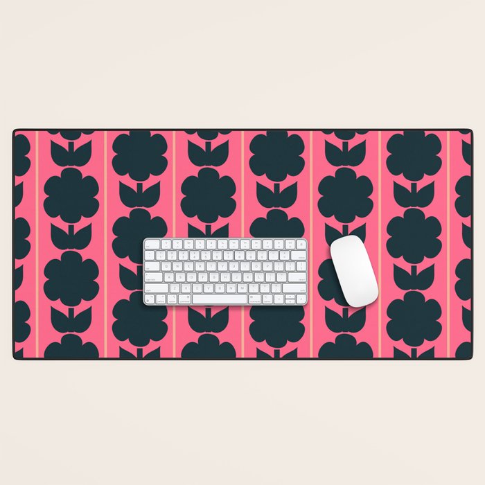Eclectic Floral Jonnty Flowers and Stripes Pattern in Rich Pink and Dark Blue Desk Mat Gallery Image 1