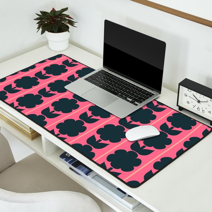 Eclectic Floral Jonnty Flowers and Stripes Pattern in Rich Pink and Dark Blue Desk Mat Gallery Image 2