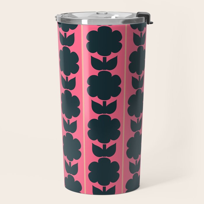 Eclectic Floral Jonnty Flowers and Stripes Pattern in Rich Pink and Dark Blue Travel Mug Gallery Image 2