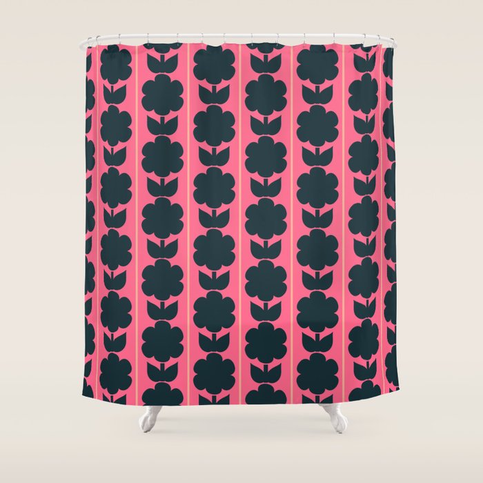 Eclectic Floral Jonnty Flowers and Stripes Pattern in Rich Pink and Dark Blue Shower Curtain Gallery Image 1