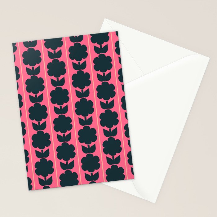 Eclectic Floral Jonnty Flowers and Stripes Pattern in Rich Pink and Dark Blue Stationery Card Gallery Image 2