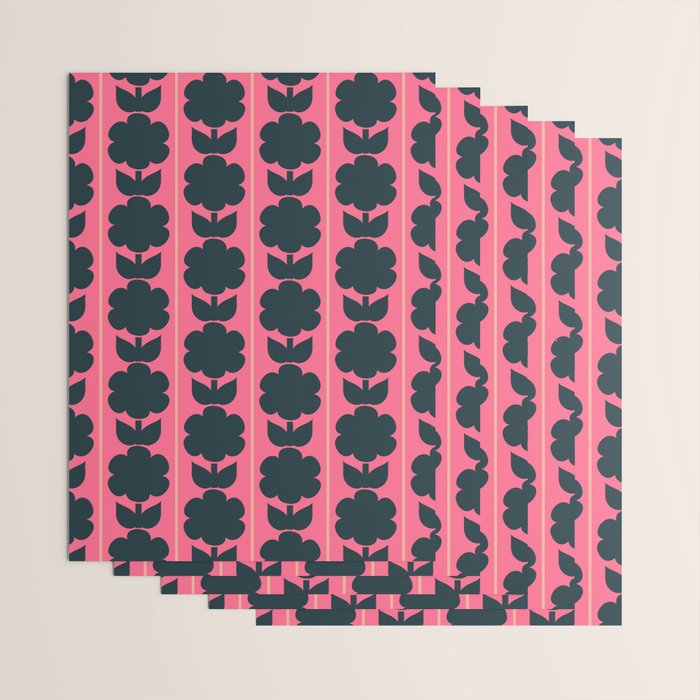 Eclectic Floral Jonnty Flowers and Stripes Pattern in Rich Pink and Dark Blue Wrapping Paper Gallery Image 3