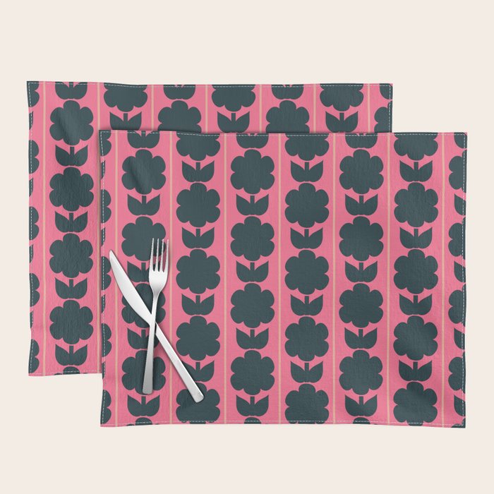 Eclectic Floral Jonnty Flowers and Stripes Pattern in Rich Pink and Dark Blue Placemat Gallery Image 1