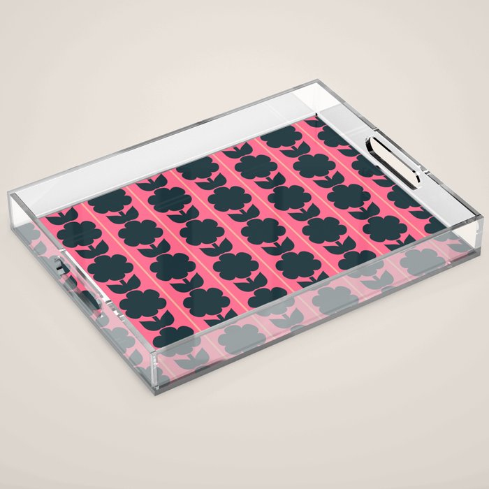 Eclectic Floral Jonnty Flowers and Stripes Pattern in Rich Pink and Dark Blue Acrylic Tray Gallery Image 1