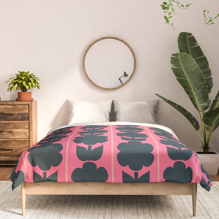 Eclectic Floral Jonnty Flowers and Stripes Pattern in Rich Pink and Dark Blue Comforter Gallery Image 3