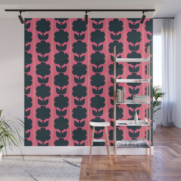 Eclectic Floral Jonnty Flowers and Stripes Pattern in Rich Pink and Dark Blue Wall Mural Gallery Image 1