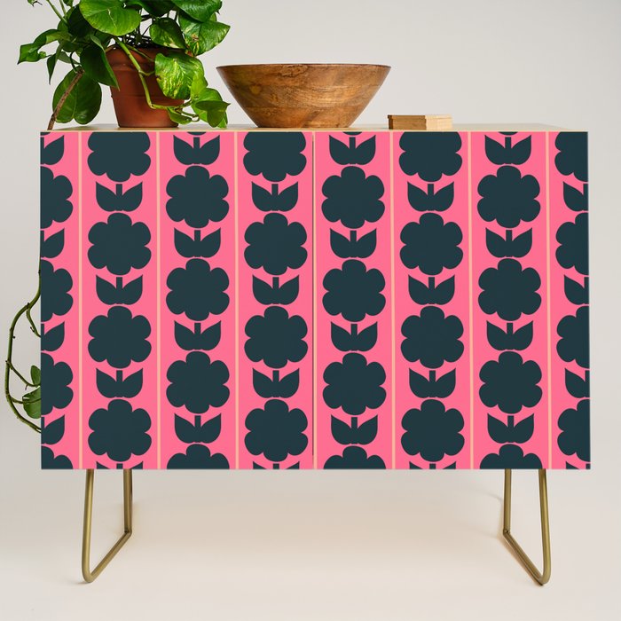 Eclectic Floral Jonnty Flowers and Stripes Pattern in Rich Pink and Dark Blue Credenza Gallery Image 1