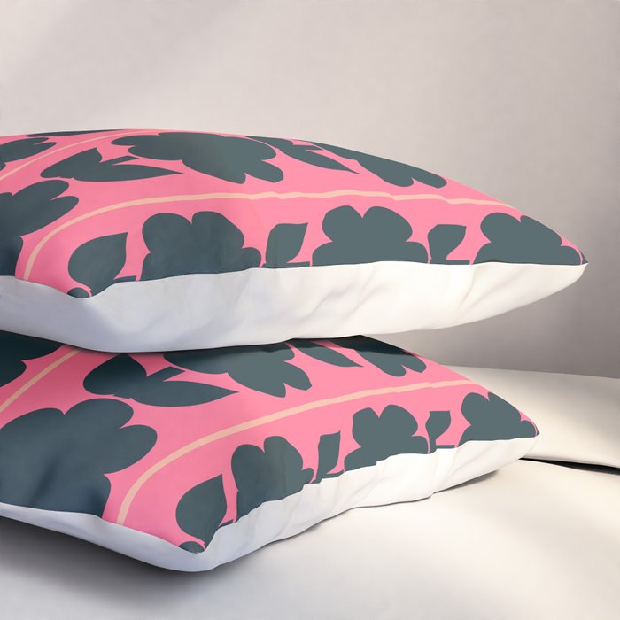 Eclectic Floral Jonnty Flowers and Stripes Pattern in Rich Pink and Dark Blue Pillow Sham Gallery Image 3