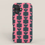 Eclectic Floral Jonnty Flowers and Stripes Pattern in Rich Pink and Dark Blue iPhone Case Gallery Image 1