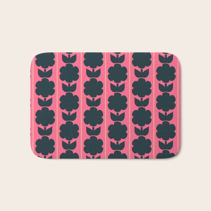 Eclectic Floral Jonnty Flowers and Stripes Pattern in Rich Pink and Dark Blue Bath Mat Gallery Image 1