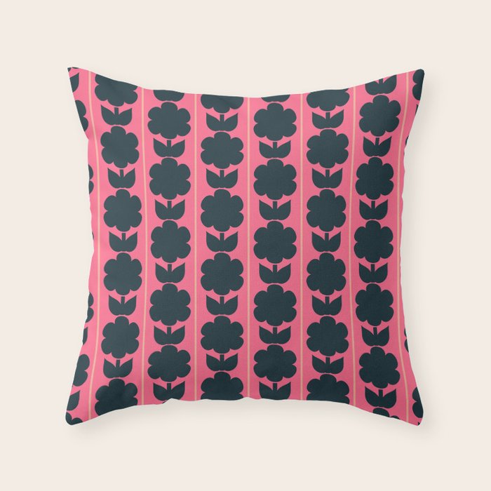Eclectic Floral Jonnty Flowers and Stripes Pattern in Rich Pink and Dark Blue Throw Pillow Gallery Image 1