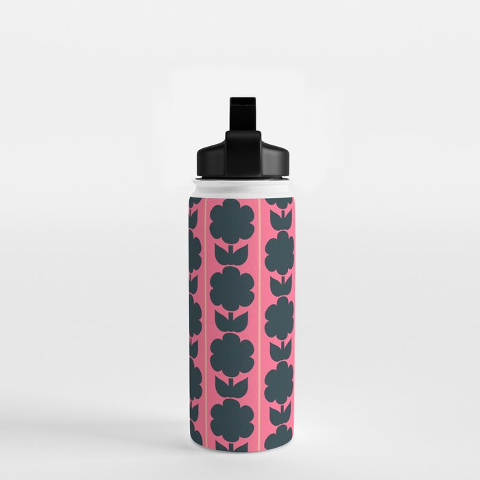 Eclectic Floral Jonnty Flowers and Stripes Pattern in Rich Pink and Dark Blue Water Bottle Gallery Image 2