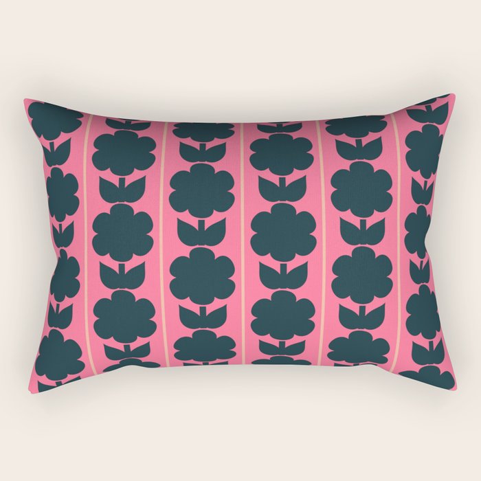 Eclectic Floral Jonnty Flowers and Stripes Pattern in Rich Pink and Dark Blue Rectangular Pillow Gallery Image 2