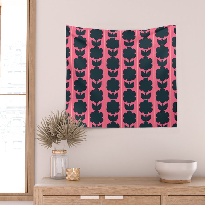 Eclectic Floral Jonnty Flowers and Stripes Pattern in Rich Pink and Dark Blue Wall Tapestry Gallery Image 2