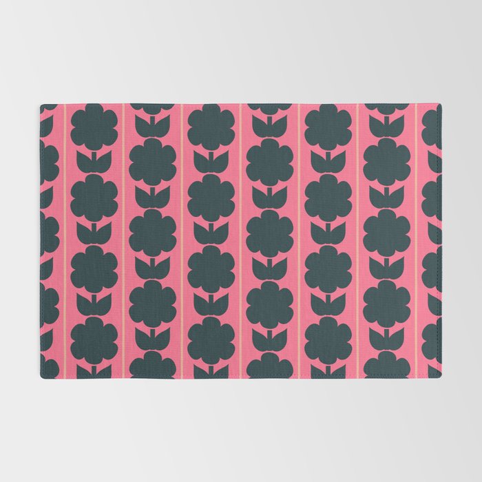 Eclectic Floral Jonnty Flowers and Stripes Pattern in Rich Pink and Dark Blue Rug Gallery Image 2