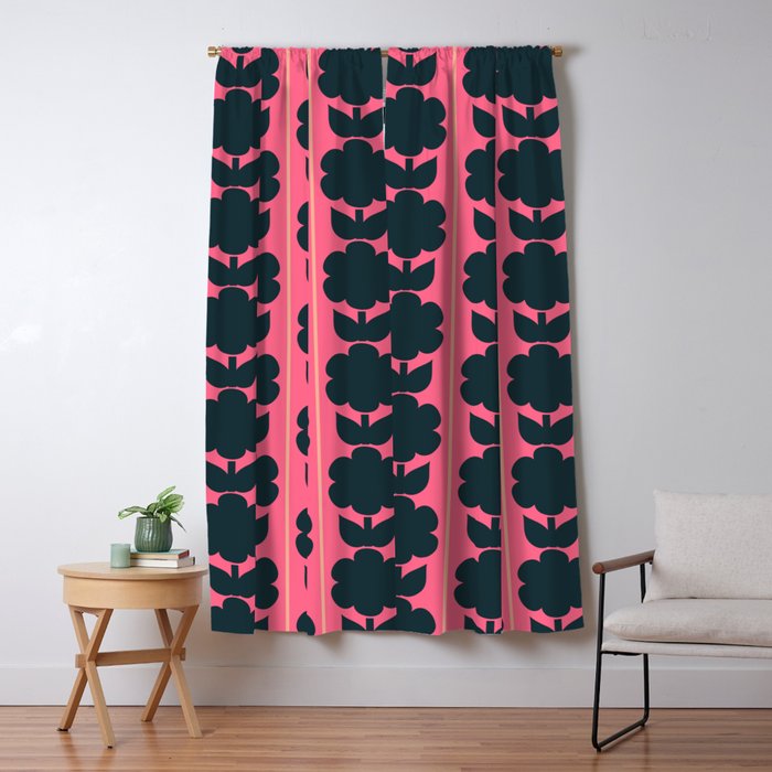 Eclectic Floral Jonnty Flowers and Stripes Pattern in Rich Pink and Dark Blue Window Curtain Gallery Image 1