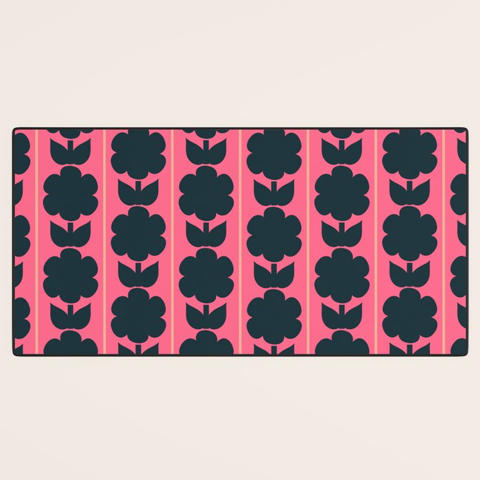 Eclectic Floral Jonnty Flowers and Stripes Pattern in Rich Pink and Dark Blue Desk Mat Gallery Image 3