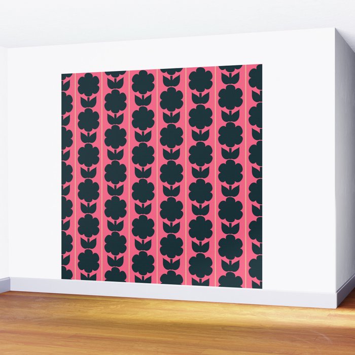 Eclectic Floral Jonnty Flowers and Stripes Pattern in Rich Pink and Dark Blue Wall Mural Gallery Image 2
