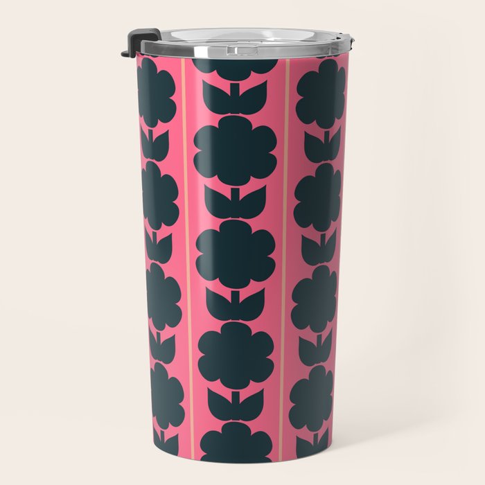 Eclectic Floral Jonnty Flowers and Stripes Pattern in Rich Pink and Dark Blue Travel Mug Gallery Image 3