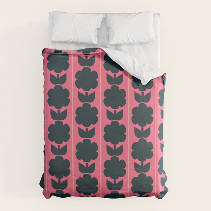 Eclectic Floral Jonnty Flowers and Stripes Pattern in Rich Pink and Dark Blue Duvet Cover Gallery Image 1