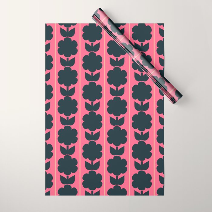 Eclectic Floral Jonnty Flowers and Stripes Pattern in Rich Pink and Dark Blue Wrapping Paper Gallery Image 1